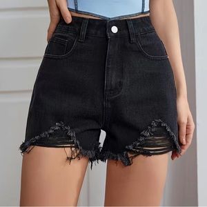 High Waisted Black Distressed Denim Shorts